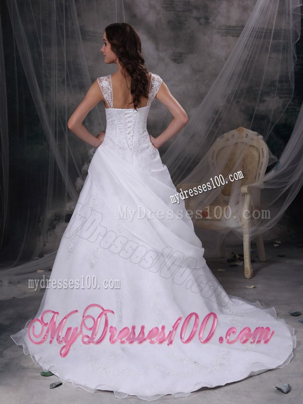 White Square Court Train Elegant Wedding Dresses with Embroidery